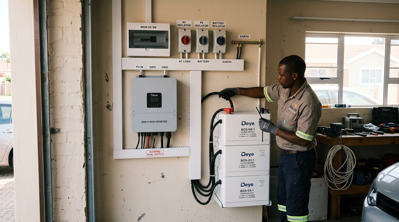 Hybrid inverter and lithium battery installed on a garage wall